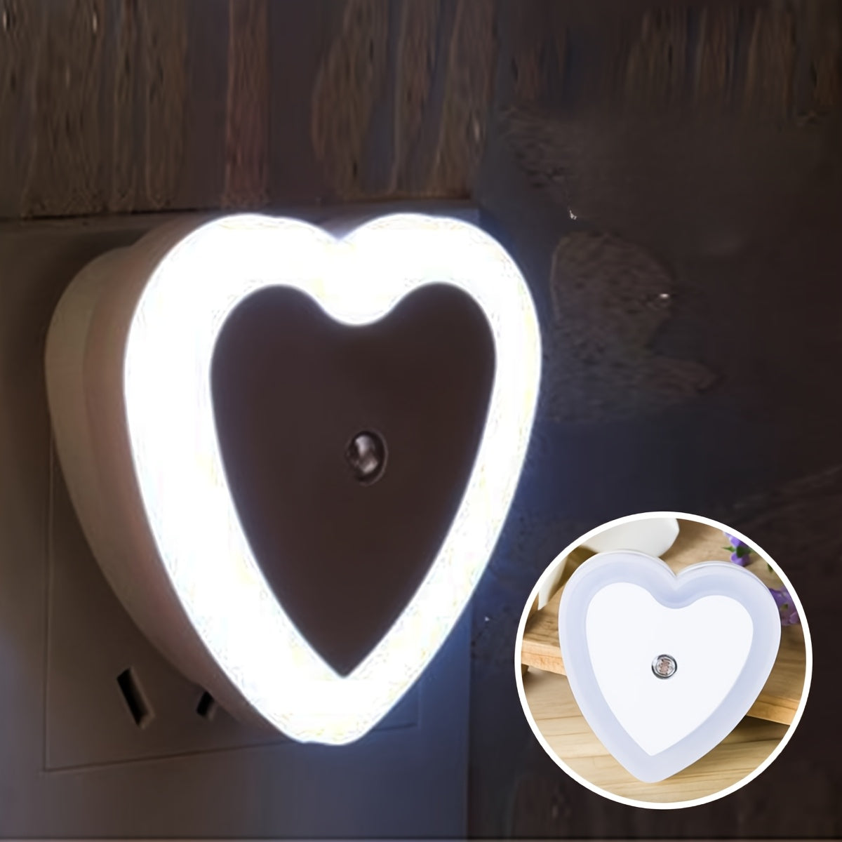 Heart-shaped LED night light with built-in sensor and European plug for indoor use. Ideal for stairways, bedrooms, kitchens, and hallways. Not waterproof. Can be wall-mounted.