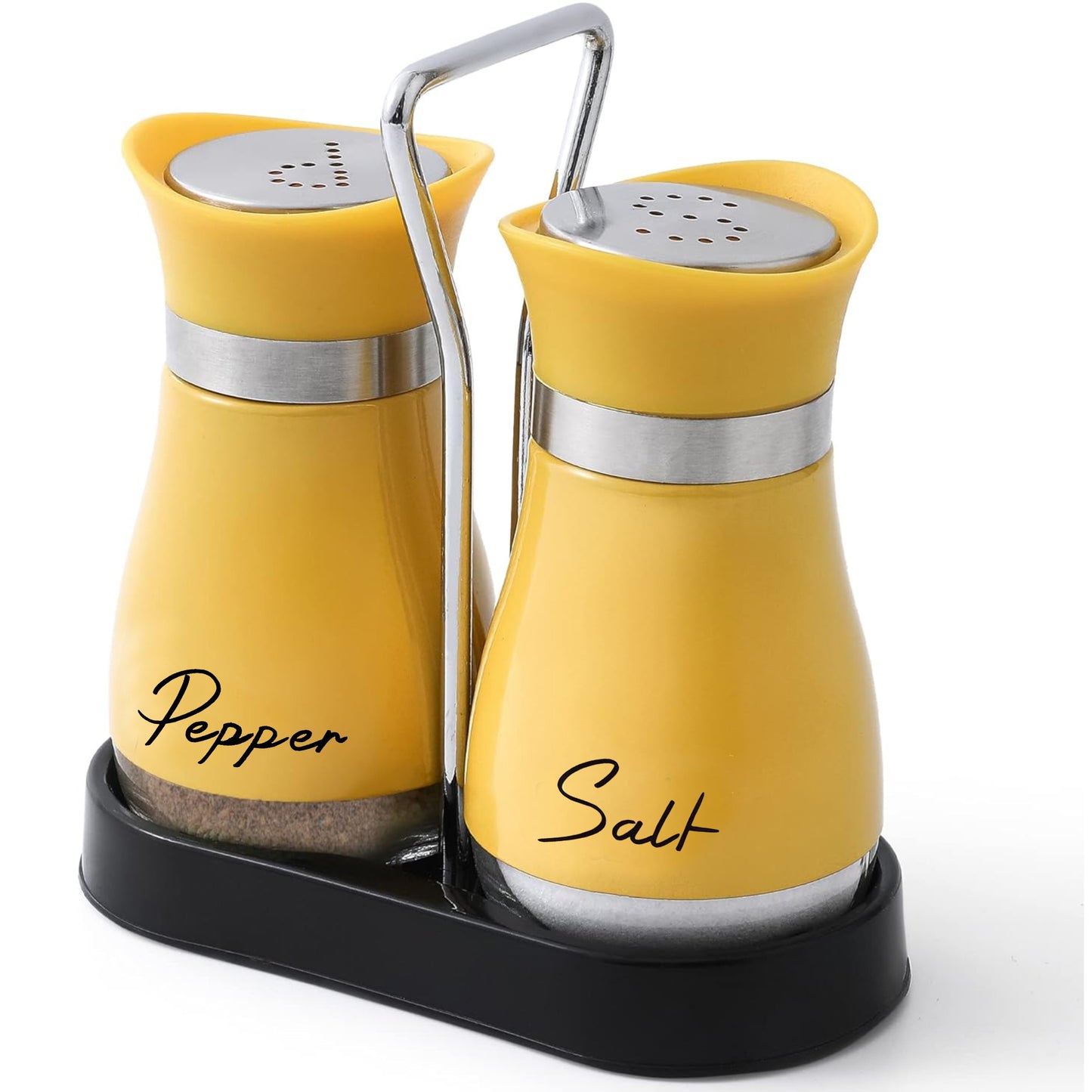 Salt and pepper shakers set with stainless steel bracket and electroplated handle, perfect for table, RV, camp, or BBQ.