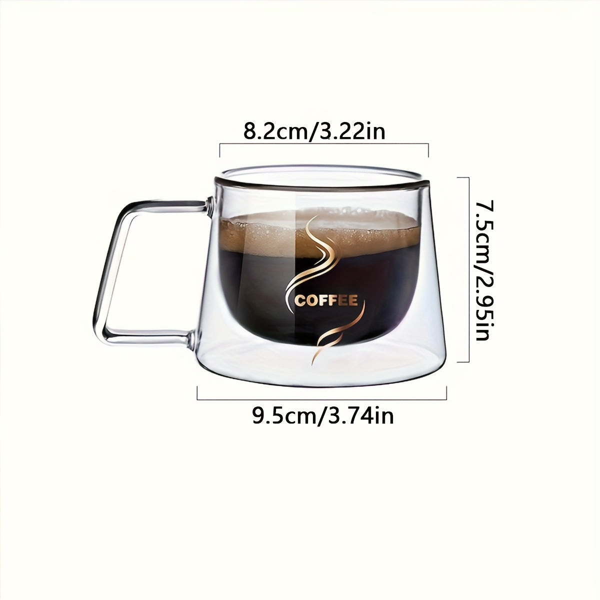 Double-walled glass coffee mug with cappuccino handle, heat-resistant, transparent, and reusable for home and kitchen.