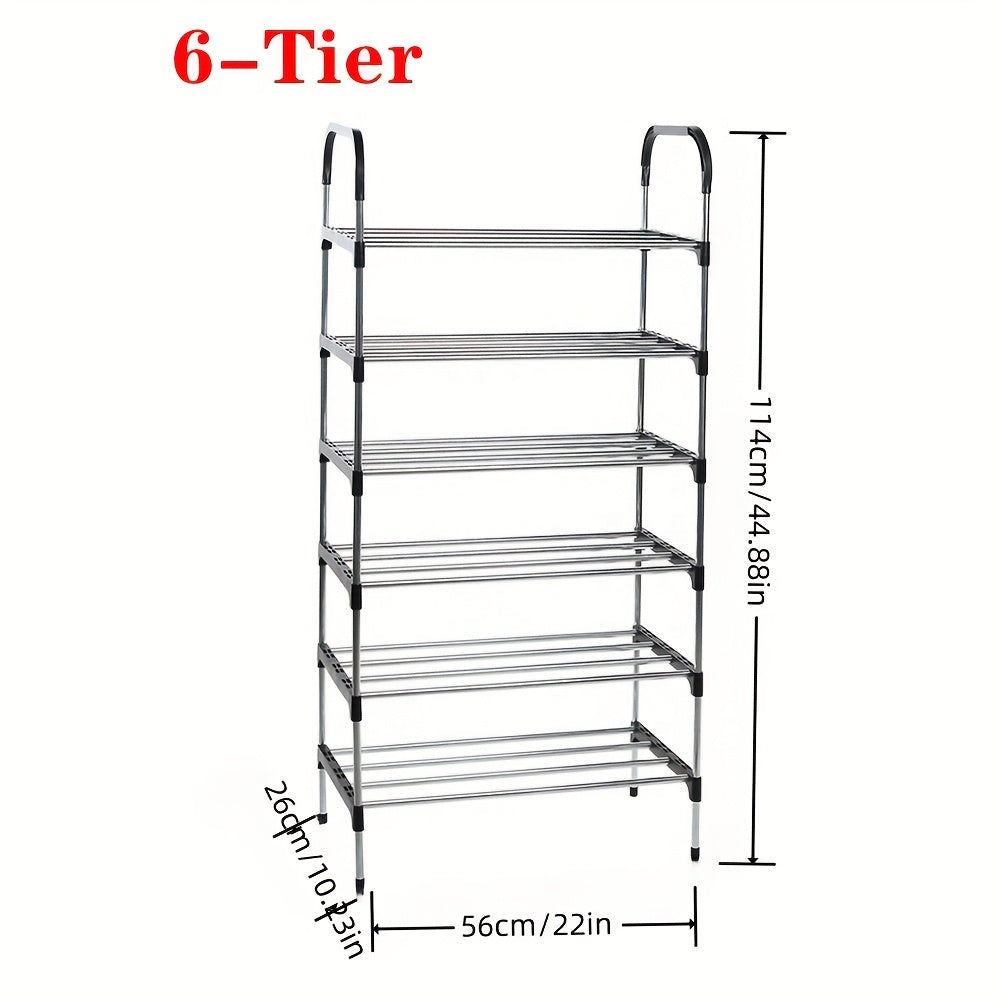 Black Metal Shoe Rack with 5-6 Tiers, Perfect for Home Use and Organizing Shoes.