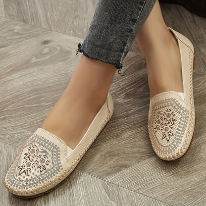 Elegant slip-on flats for women in brown faux cover with floral pattern and sequin accents. Comfortable soft sole, versatile for all seasons, perfect for mature style.