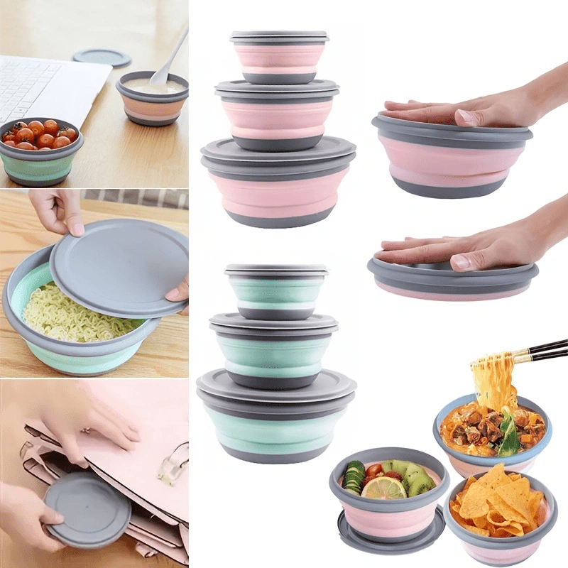 Set of 3 Camping Bowls with Lids, Silicone Collapsible Bowls, Lunch Box, Salad Bowl, Expandable Food Storage Container, Bento Box - High-Quality Container for Travel, Camping, and Office Use.