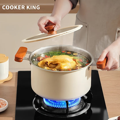 The Stainless Steel Stockpot from COOKER KING holds 5.6L, making it a Large Soup Pot with Lid and Double Handles. It is Non-Coated and Induction Compatible, perfect for making Stews and Soups. The pot has a 22cm diameter.