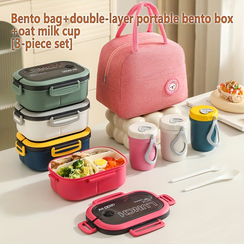 Three-piece set of versatile lunch bags with inner compartments and storage pouches, perfect for school, work, picnics and camping.