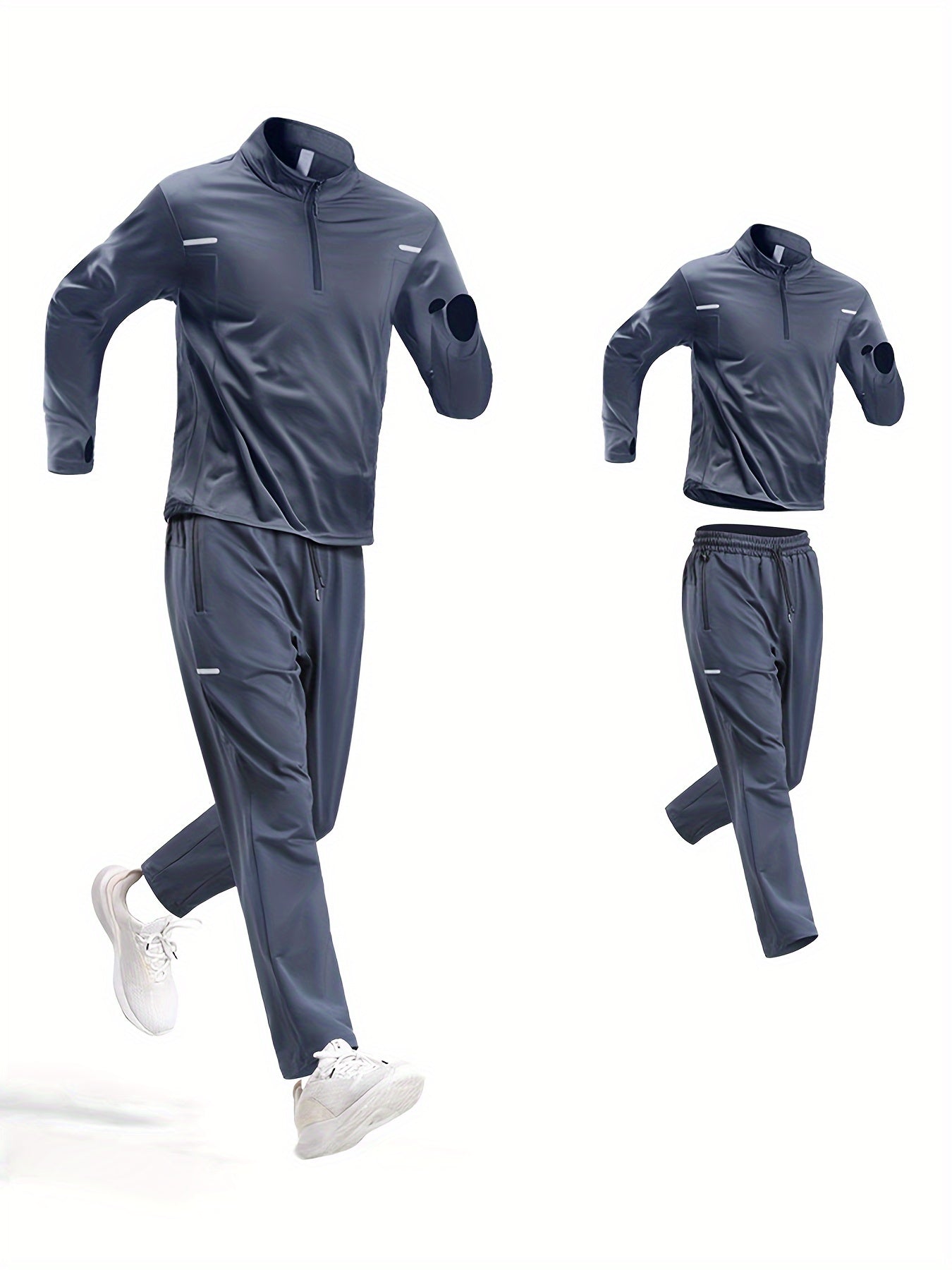 Men's Quick-Dry Athletic Set - Long sleeve zip-up jacket with stand collar, matching pants, striped detail, for running, cycling, and fitness, all seasons, breathable and moisture-wicking.