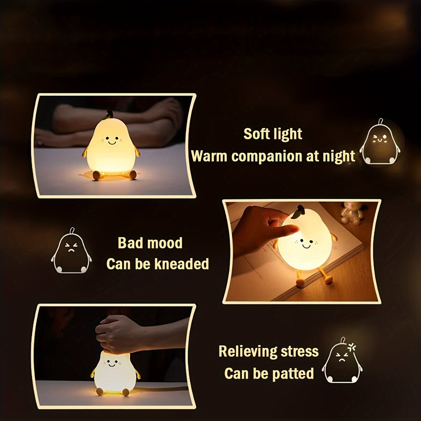 Rechargeable silicone pear lamp with 7 color changing option, timer, and touch control, perfect bedside or bedroom night light for Christmas gift.