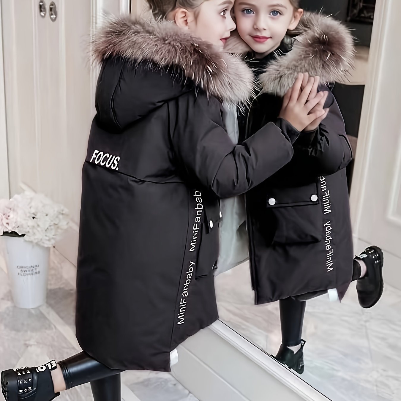 Girls' Elegant Winter Parka with Faux Fur Trim, Alphabet Pattern, Zipper Placket, Dipped Hem, Raglan Sleeves - Perfect for Skiing & Outdoor Activities.