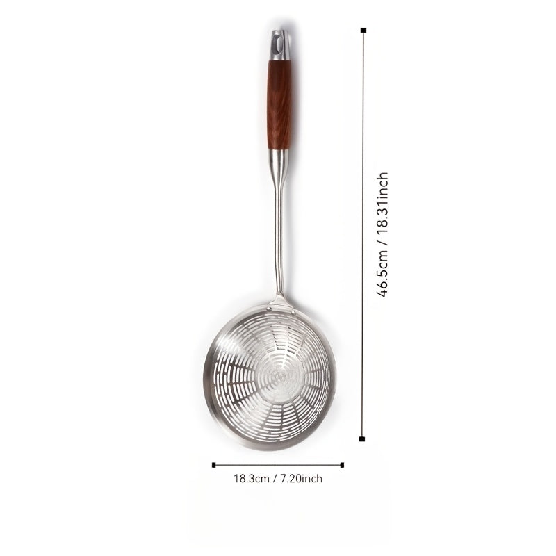 Premium Fry Cook Stainless Steel Strainer Skimmer with Wooden Handle, Durable, Dishwasher Safe, Brushed Finish, Available in Sizes 14.1cm, 16.0cm, and 18.29cm - Ideal for Kitchen Cooking Utensils