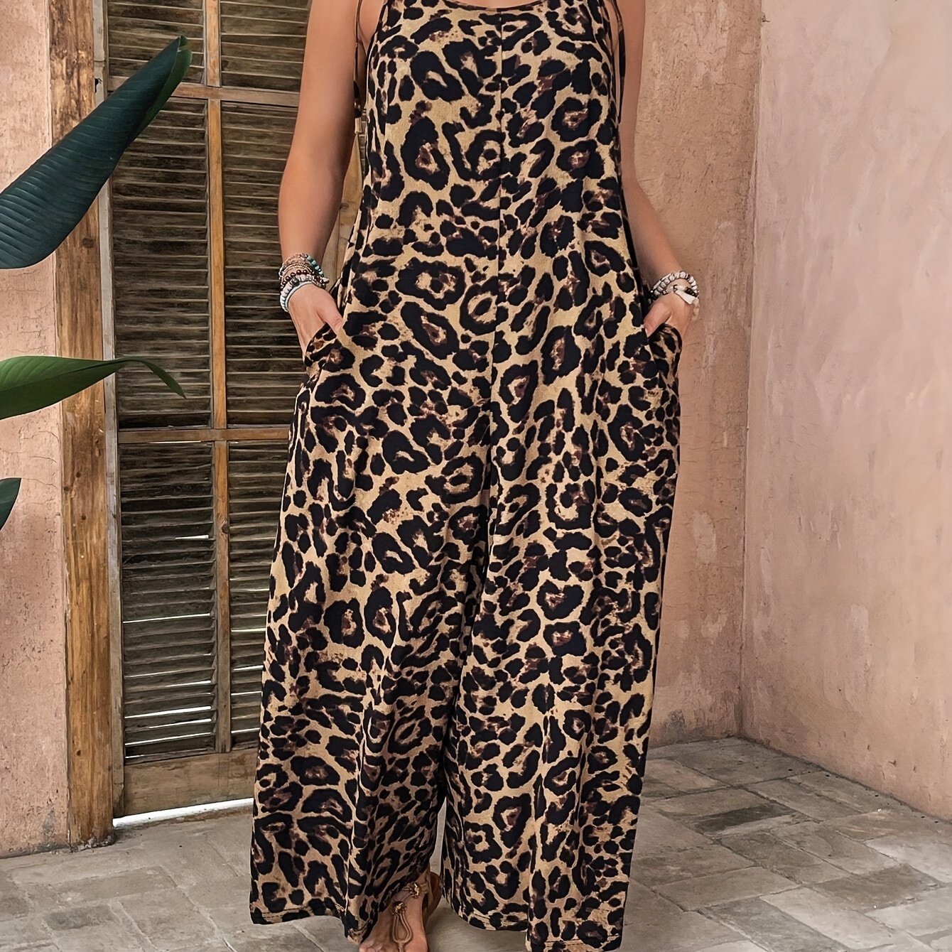 Plus Size Leopard Print Jumpsuit - Scoop neck, knit fabric with stretch, 100% polyester, all-season with pockets, 165 g/m².