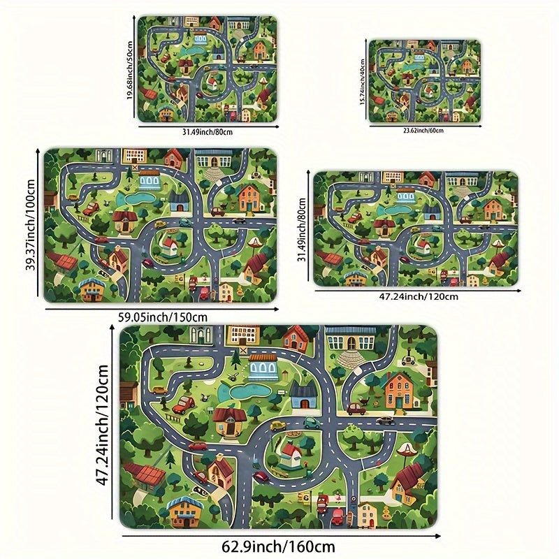 Green cartoon village design carpet suitable for use in children's rooms, bathrooms, kitchens, living rooms, bedrooms, interior doors, and entryways. The carpet has a thickness of 8mm and can be machine washed. Ideal for adding a decorative touch to your