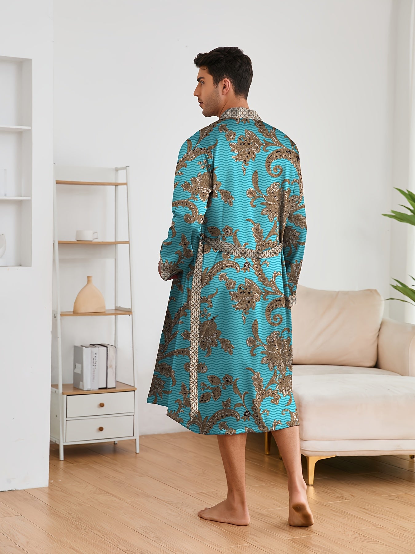 Men's elegant and light luxury pajama set with stylish floral print, featuring a V-neck long sleeve robe and shorts for home wear.