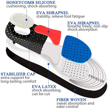 Unisex orthopedic insoles with memory foam gel inserts, arch support pads, and shock absorption for sports shoes.