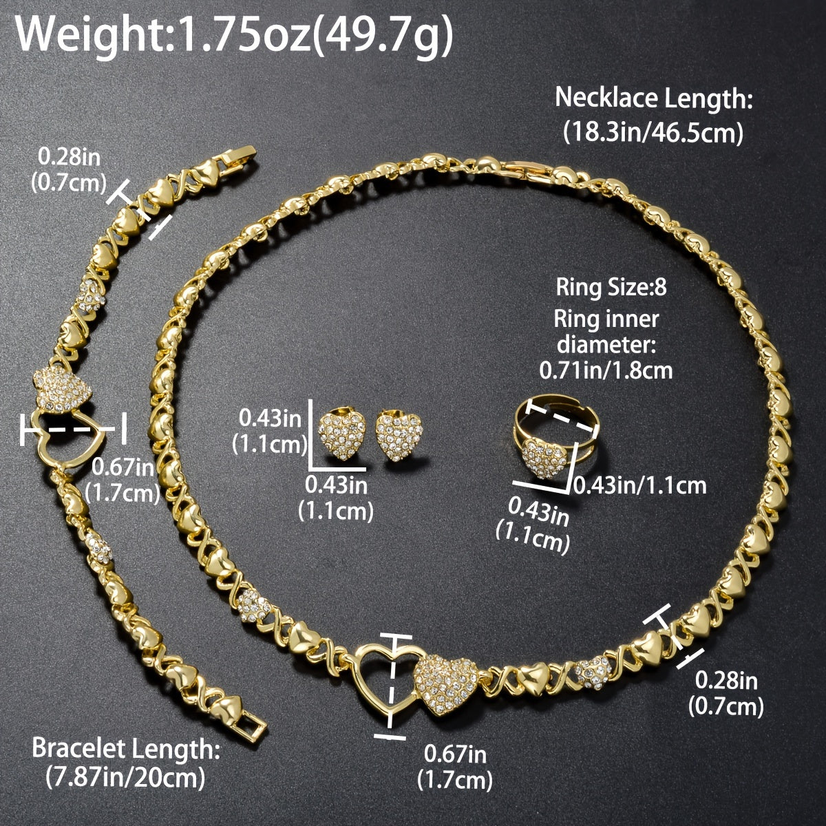 A stylish jewelry set including a dazzling zirconia necklace, bracelet, earrings, and ring, perfect for daily wear or holiday parties. This cute and elegant set makes a great gift for any woman in your life.