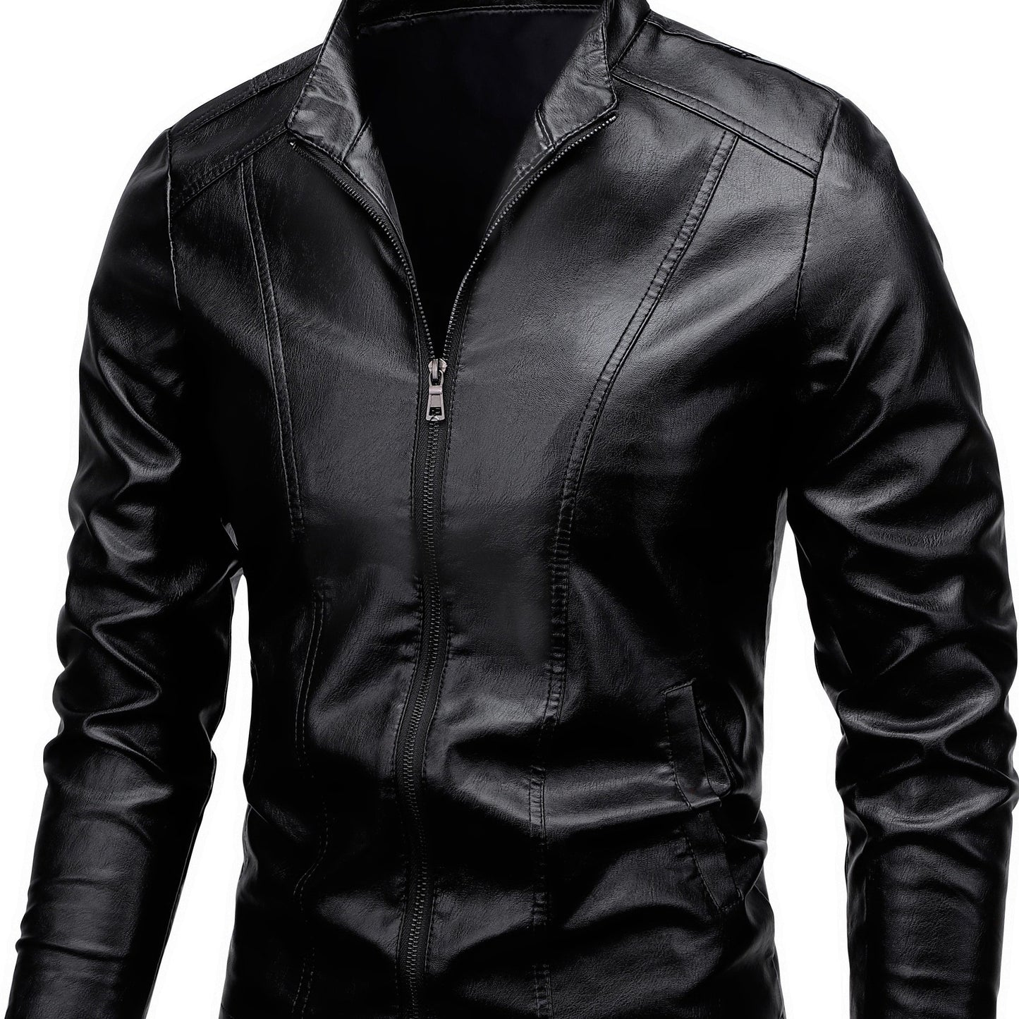 Men's casual jacket with stand collar, zip-up long sleeve, made of 100% polyurethane. Solid color and non-stretch woven fabric, regular fit with functional pockets, suitable for daily wear.