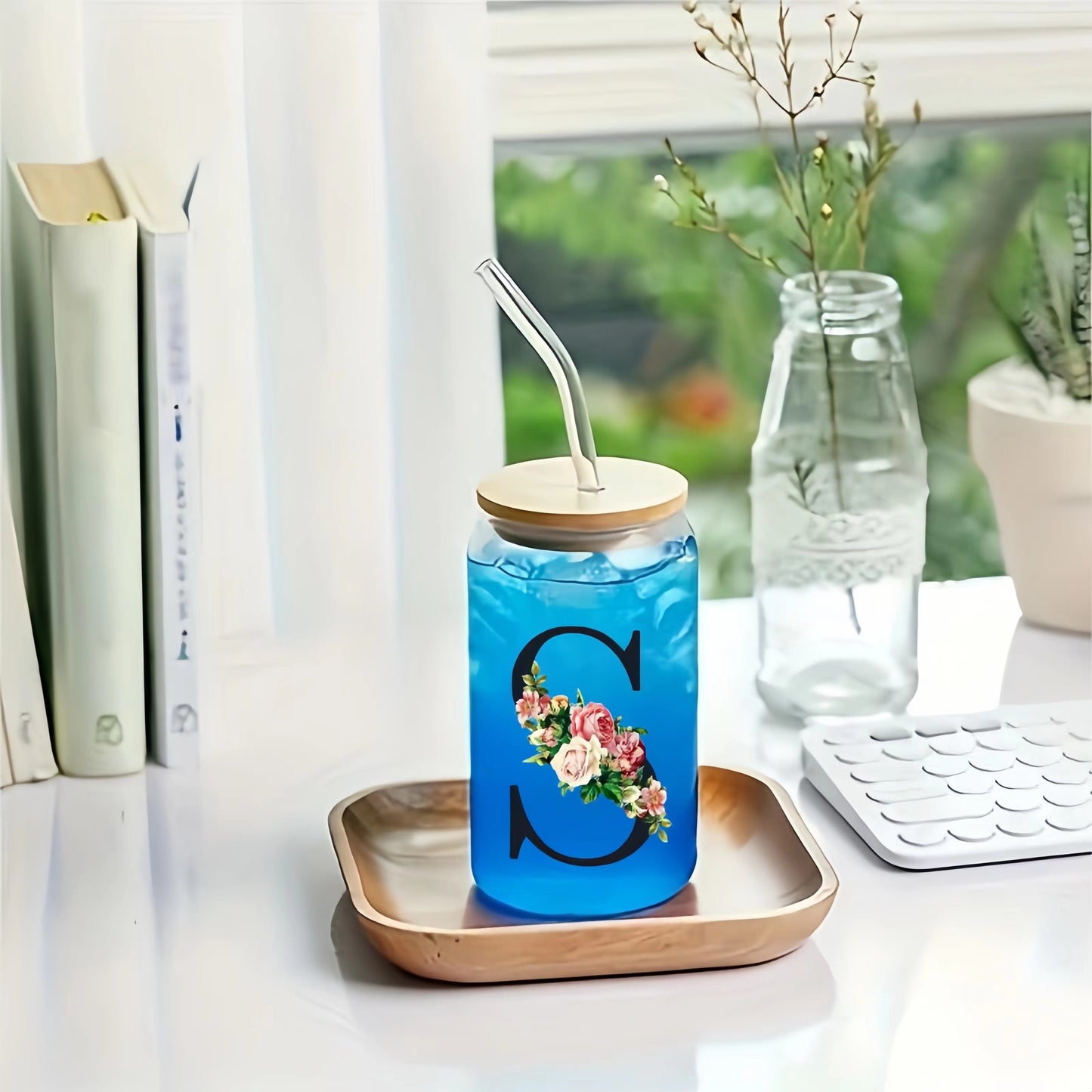 Alphabet flowers drinking glass with bamboo lid and straw, ideal birthday gift for women, friends, girls. 16 oz coffee glass, perfect for moms.