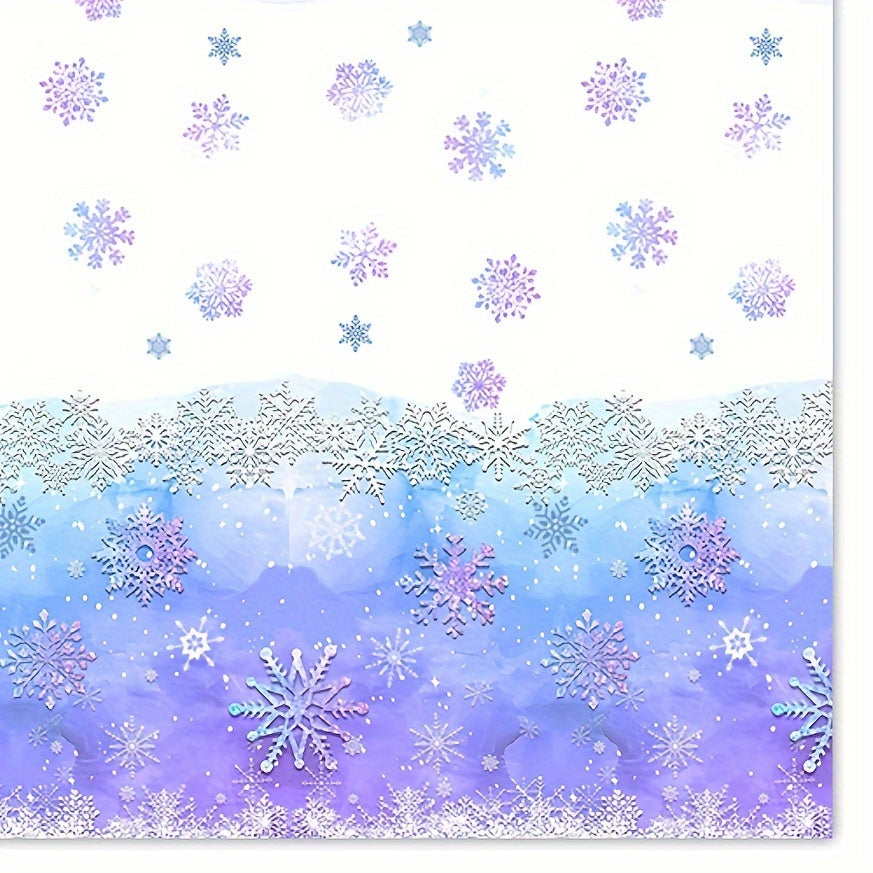 Blue and purple snowflake tablecloth that is ideal for hosting dinosaur birthday parties. Made from durable plastic material, this rectangular tablecloth measures 107.95x179.83 cm in size. Ideal for adding a festive touch to your party decor.