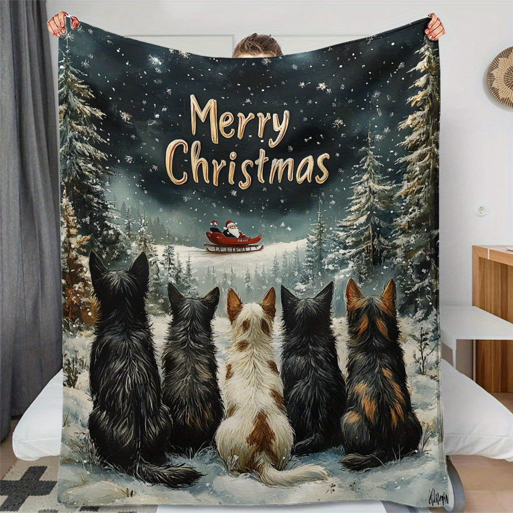 Soft and cozy Merry Christmas dog print flannel fleece throw blanket perfect for all seasons. This machine washable and breathable blanket is made of 200-250g polyester that is fade-resistant. With a contemporary style, this multi-purpose bed cover can