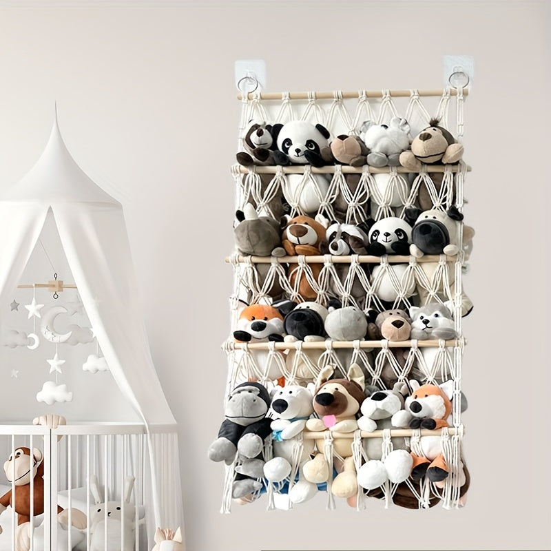 Bohemian Chic Plush Toy Storage Rack with Handwoven Baskets - Ideal for Bedroom, Daycare, Crafts, Bathroom Organization, and Gift Storage.