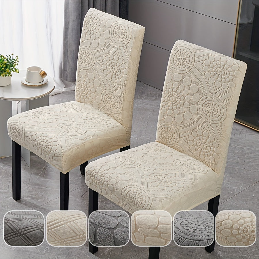 Boho style chair slipcovers available in sets of 6, 8, or 10. Made of stretch jacquard fabric with a slipcover-grip feature, these waterproof and machine washable polyester covers are designed for dining, office, banquet chairs, and home decor. Easy to