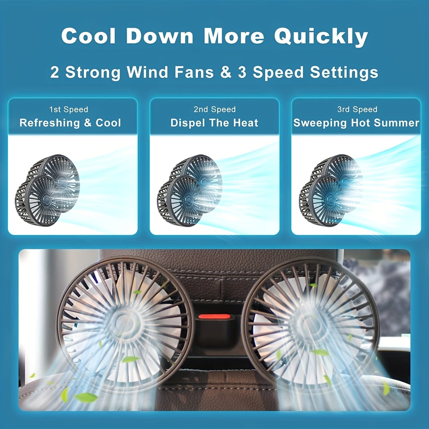 Car Fan for PCs, Small Air Conditioner for Cars, Dual-headed Rear Fan with Powerful Wind, 360° Rotation, High Airflow, Subwoofer Feature, Clip Mounting Base for Car or Home Use.