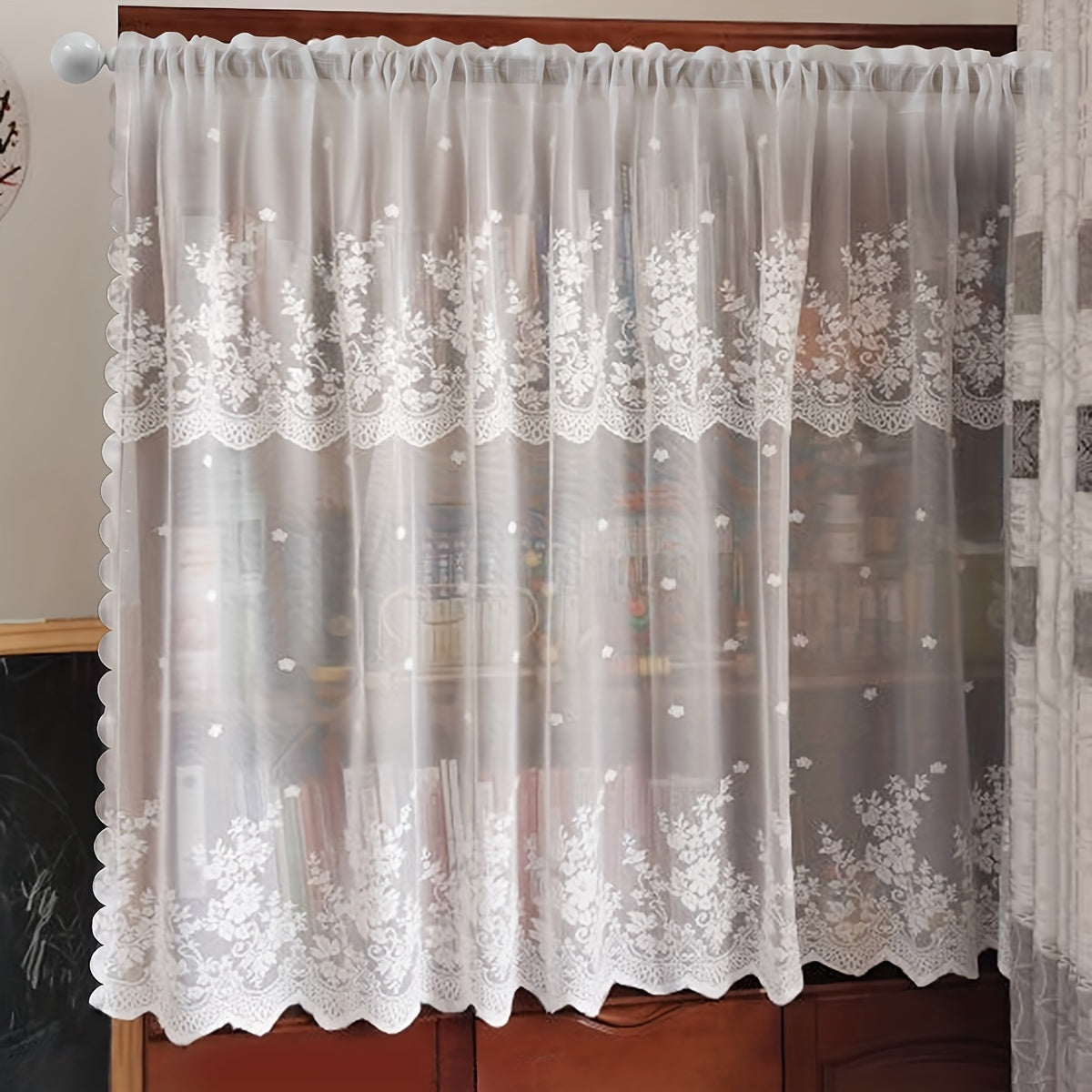 Add a touch of charm to your living space with this lovely White Floral Lace Curtain featuring a Sweet Garden Style. The Rod Pocket Design makes hanging a breeze, making it perfect for windows and doors in the living room, bedroom, or kitchen. Made of