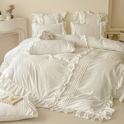 4-piece set of skin-friendly brushed lace princess style bedding (1 quilt cover, 2 pillowcases, 1 bed sheet), soft, breathable, and machine washable.