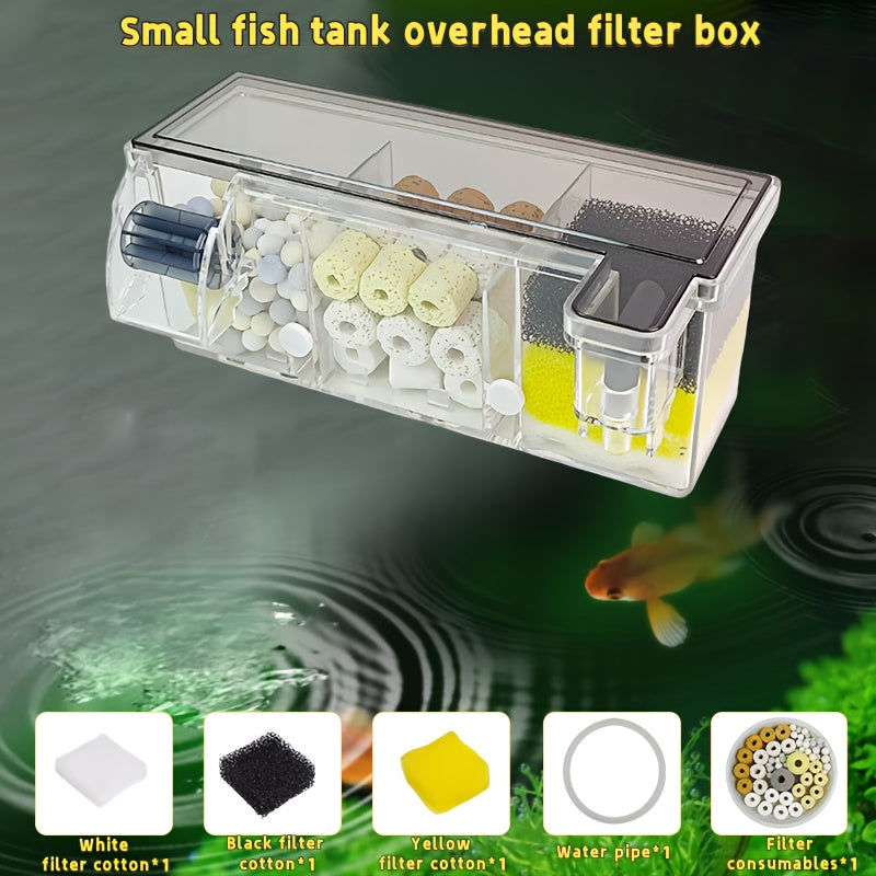 AquaPure 3-in-1 Fish Tank Overhead Filter Kit, Non-Electric, Suitable for Small Aquariums, Battery-Free, Includes Filter, Consumables, and Water Pipe.