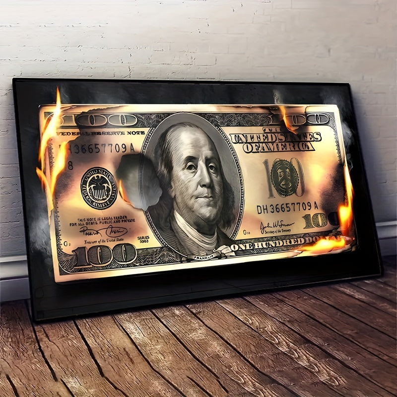 Flame Dollar Bill Art on Canvas, Unframed Indoor Decor for Various Spaces - Transverse Orientation