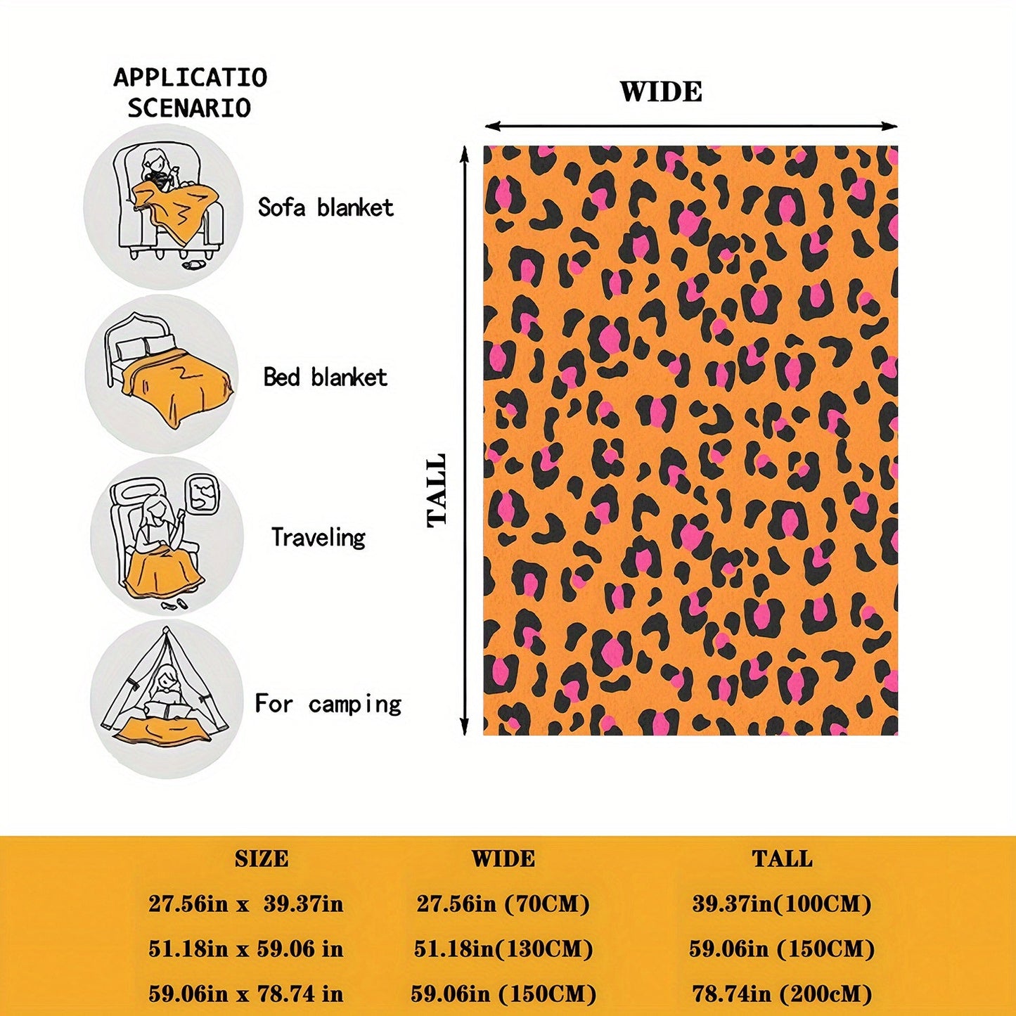 Soft and cozy flannel fleece blanket with a contemporary design. Suitable for all seasons, this blanket is machine washable and features a digital print orange leopard pattern. Made with a polyester cover, this warm plush blanket weighs 200-250gsm and is