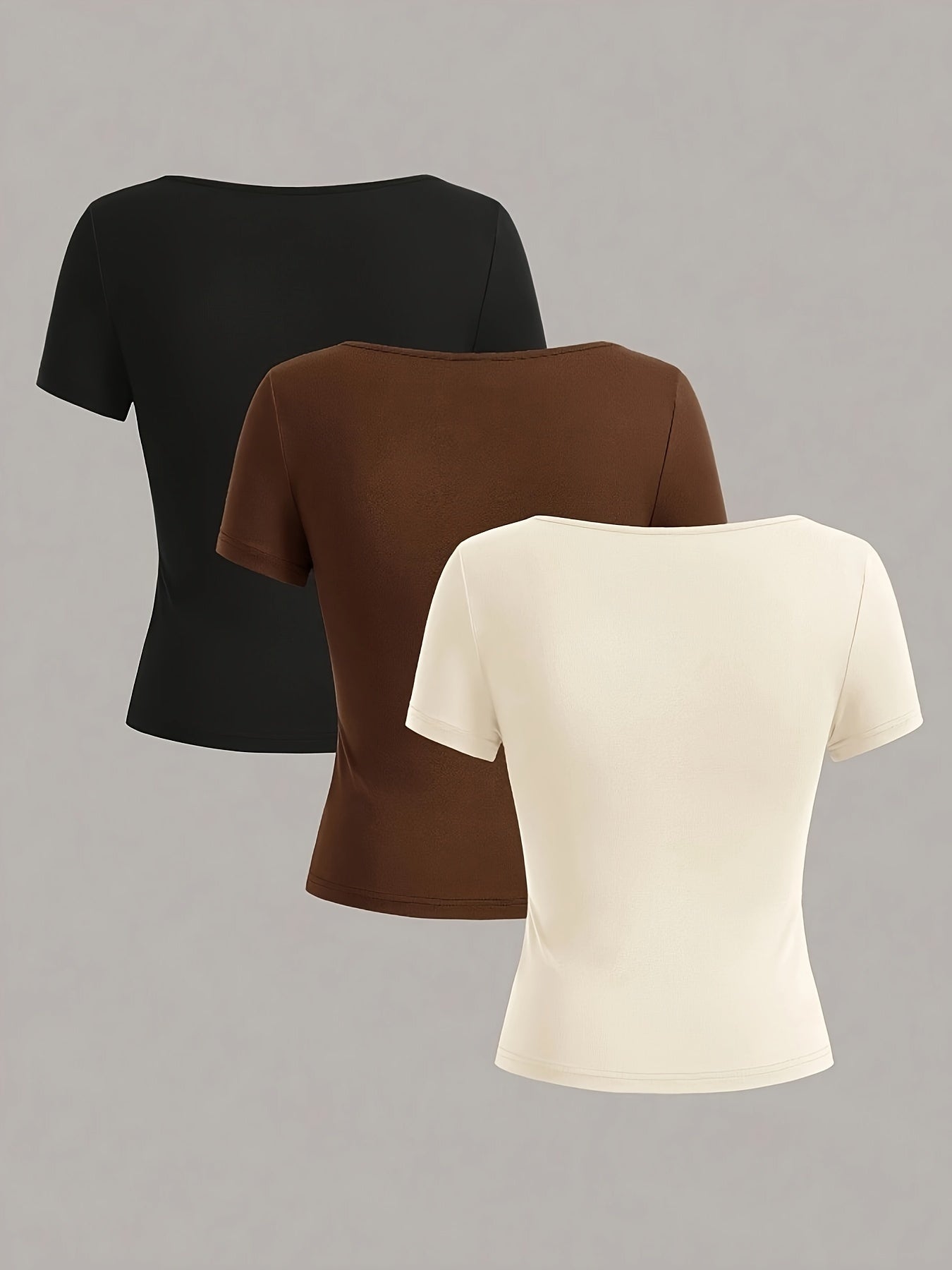 A set of 3 women's square neck short sleeve T-shirts in black, white, and red. Made of breathable polyester, slim fit, casual and sporty design, machine washable.