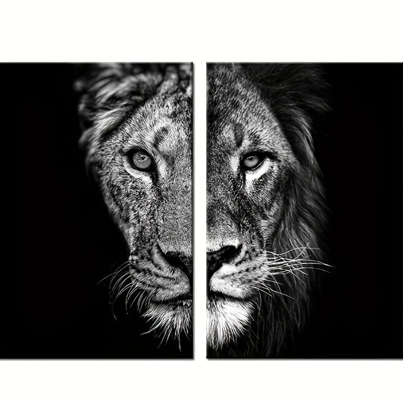 African Lion Wall Poster Set - Frameless Canvas Painting - 15.7x23.6in - Black and White Design