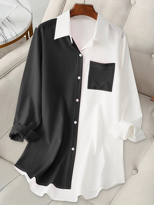 Plus size colorblock collared shirt for women with long sleeves and button front.