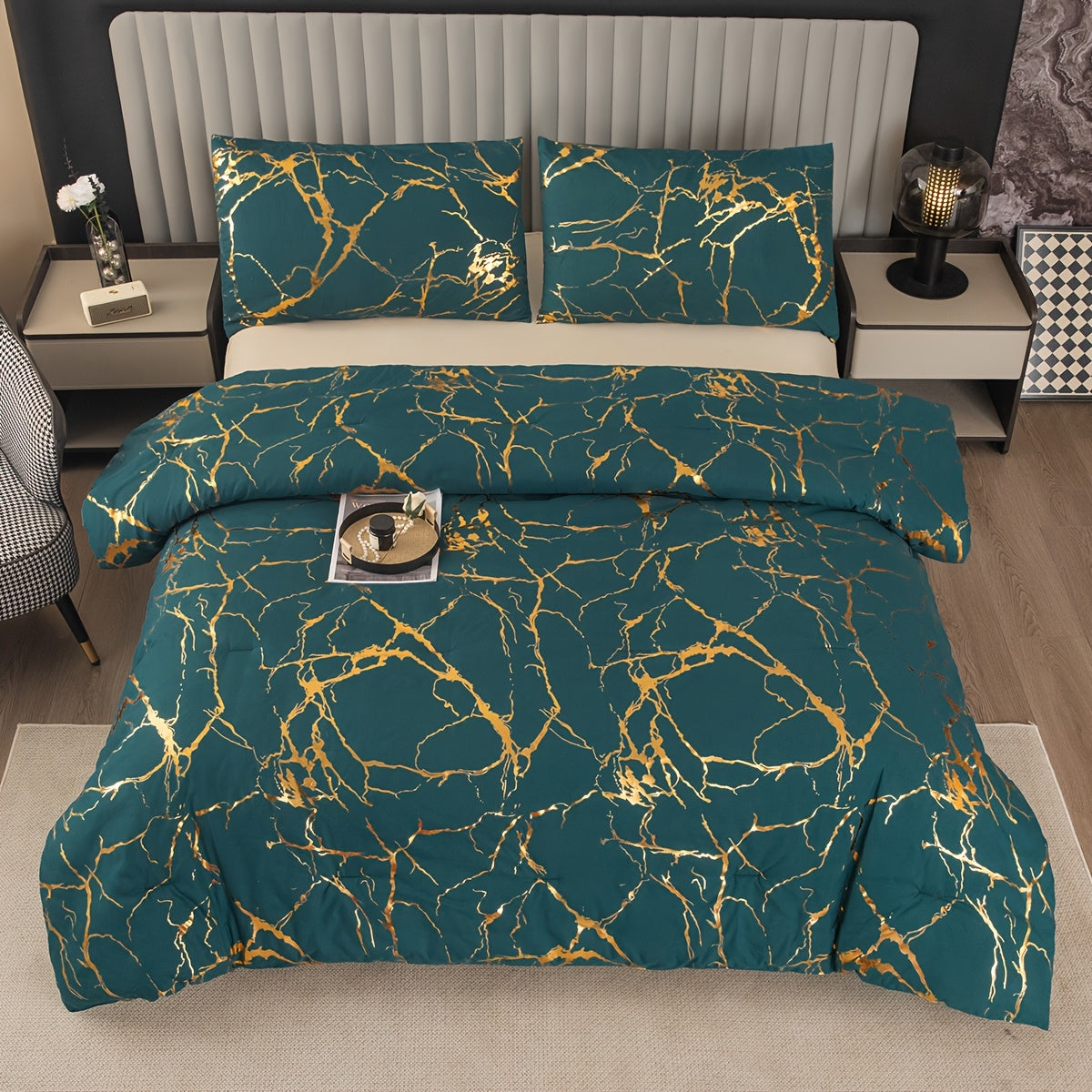 2/3 piece luxury comforter set with bronzing marble print. Soft, comfortable, and skin-friendly for bedroom or guest room. Includes 1 comforter and 1 or 2 pillowcases without core.