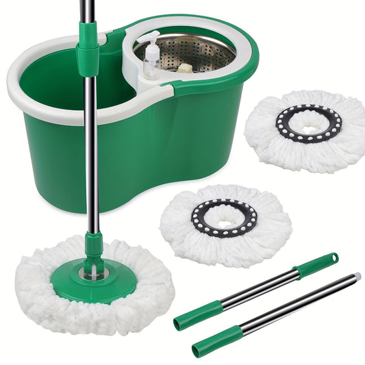 Multipurpose Floor Cleaning System - Stainless Steel Adjustable Handle 360° Spin Mop and Bucket Set with 2 Microfiber Heads, Ideal for Living Room, Bedroom, Bathroom, Kitchen - Durable Metal Material