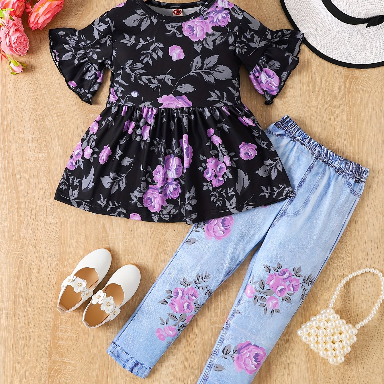 Set of floral peplum top with flare sleeves and matching leggings for girls, perfect for summer outings.