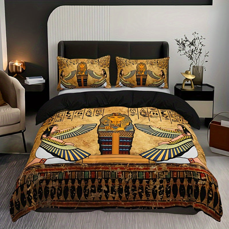 Ancient Egyptian Art Duvet Cover Set featuring 3 pieces – (1 Duvet Cover + 2 Pillowcases without Pillow Inserts). This high-quality bedding set boasts soft and breathable fabric with HD printing, perfect for bringing a touch of history and style to your