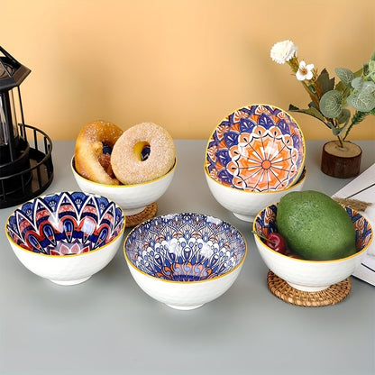 Handmade Bohemian ceramic bowl gift set featuring vibrant orange and blue mandala design. Ideal for serving cereal, ice cream, or pasta. Includes 2/4/6 bowls with elegant storage box. Perfect for holiday gatherings, Christmas, or Thanksgiving.