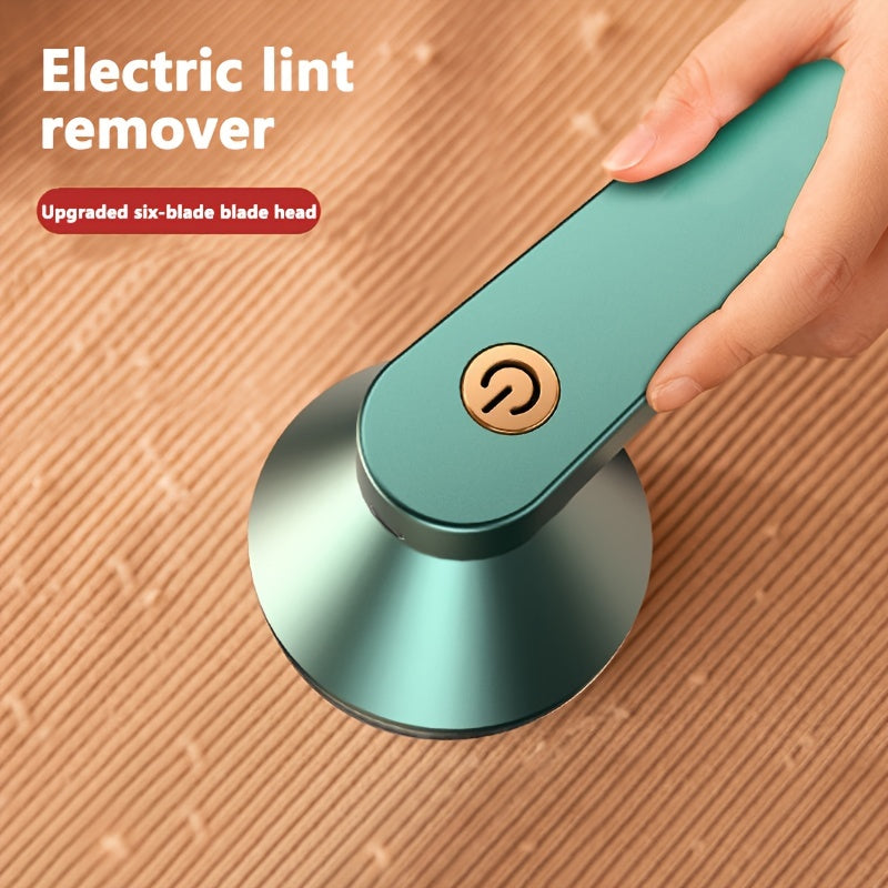 Electric fabric trimmer removes lint, hair, and balls from various surfaces. USB rechargeable, with 6-blade steel cutter head and dual-use charging.