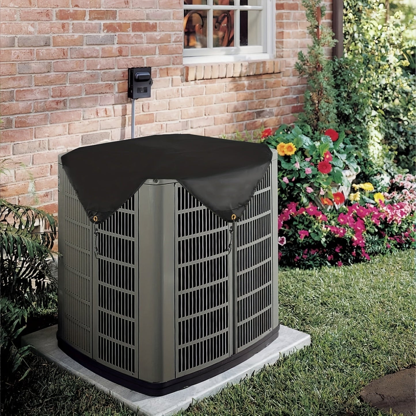 Heavy duty universal outdoor air conditioning unit cover with waterproof top and elastic cord for secure fit. Made from durable PP & ABS material, this cover does not require electricity and effectively protects against leaves, debris, snow, and rain.