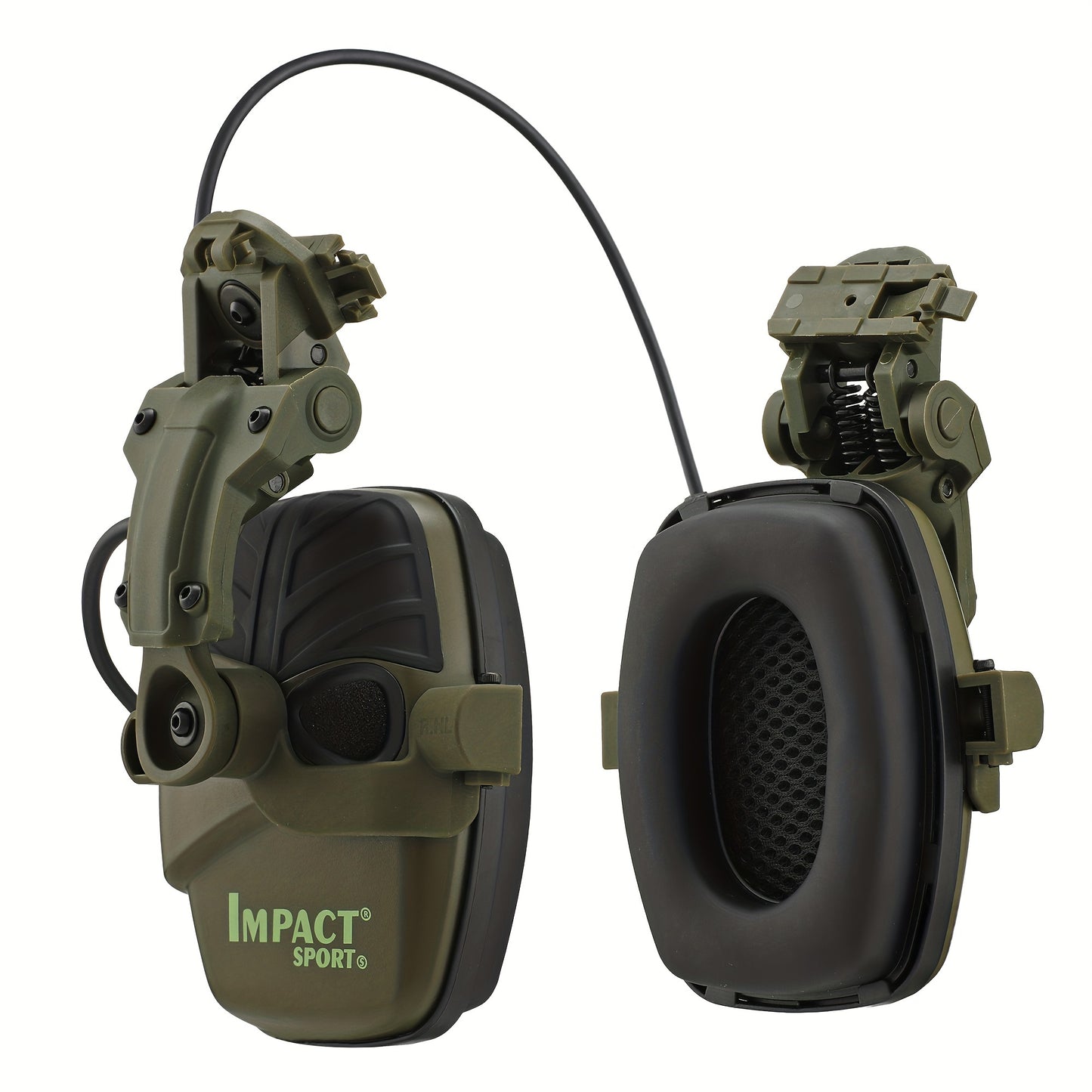 Helmet-mounted tactical shooting earmuffs with electronic sound pickup, active noise reduction, and no battery requirement.