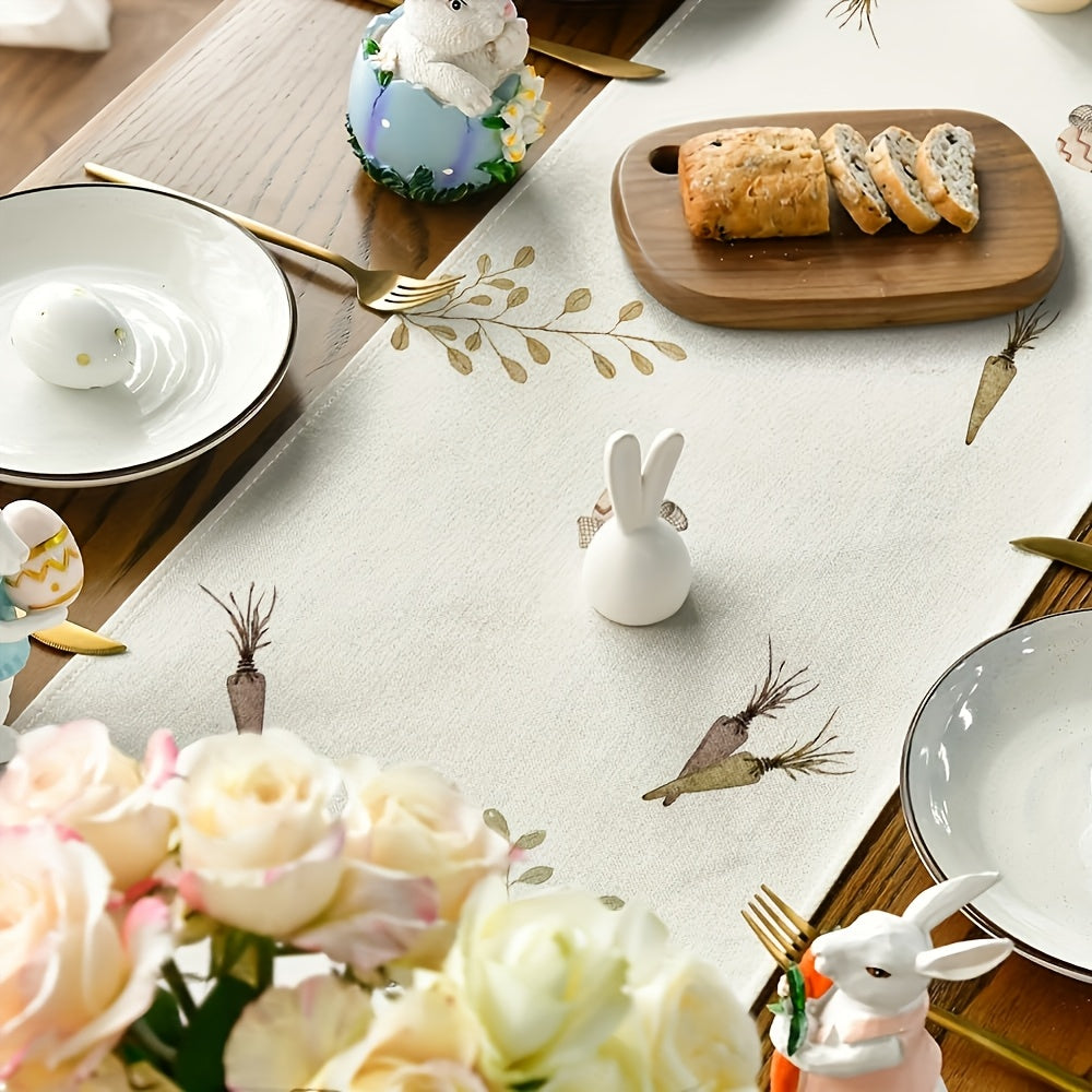 Easter Bunny and Carrot design polyester table runner, 33.02 x 182.88 cm, suitable for indoor/outdoor spring/summer parties, kitchen and farmhouse table decor.