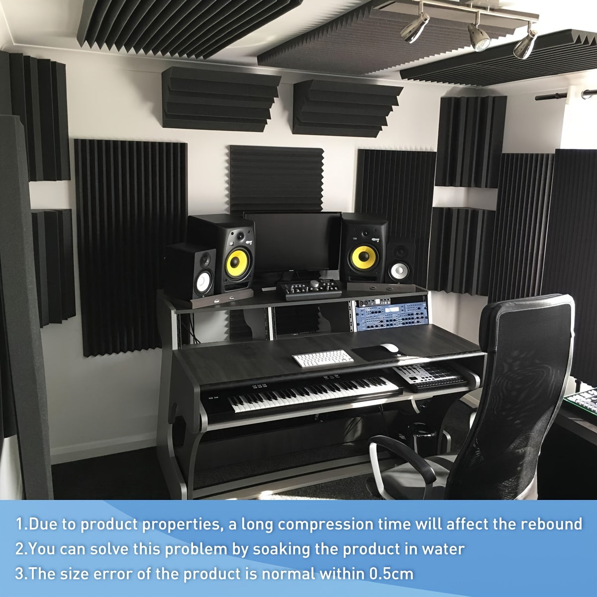 52 acoustic foam panels, 2.54cm X 30.48cm X 30.48cm, fire resistant with double-sided adhesives for soundproofing studio.