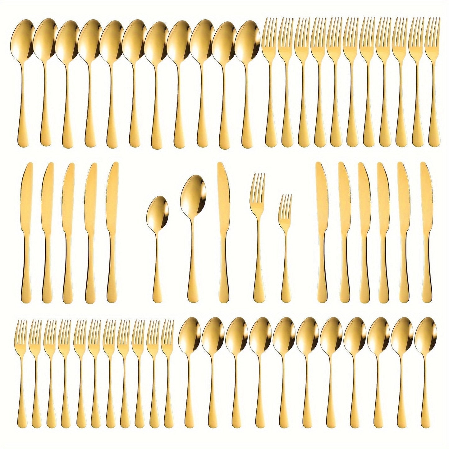 Set of 40/60 pieces of stainless steel cutlery with a luxurious golden finish, perfect for home dining. Each piece is mirror polished and dishwasher safe, making it ideal for special occasions such as Easter, Father's Day, Mother's Day, anniversaries