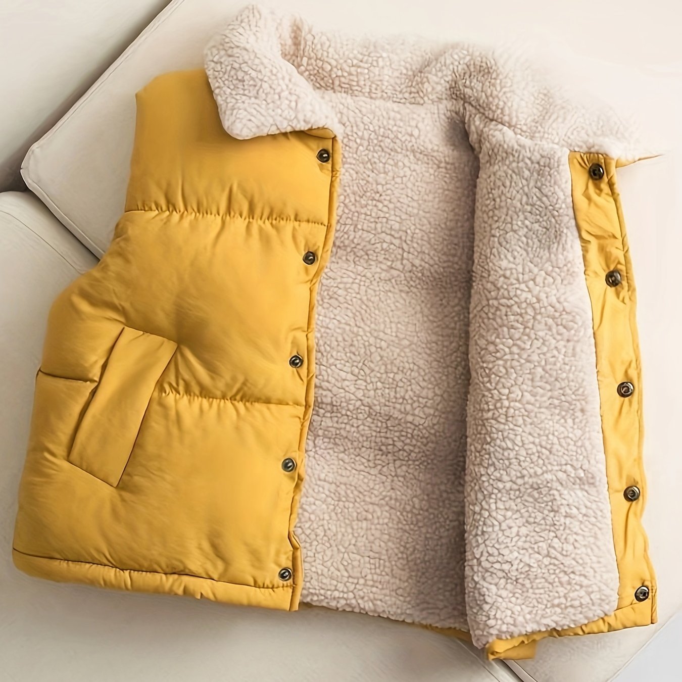 Cozy fleece-lined vest with button front and fold-over lapel for boys and girls, perfect for fall and winter outdoor activities.