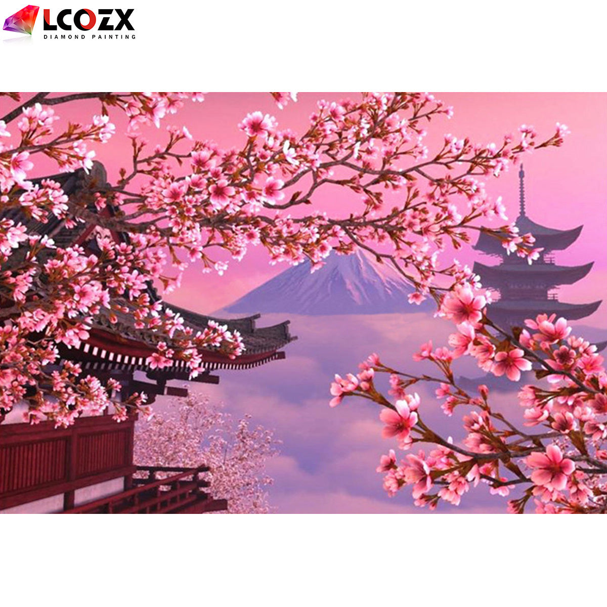 1pc Sakura Artificial Diamond Painting Kit featuring Japanese Fuji Mountain and Cherry Blossom Flowers in DIY Pink Rhinestones. Perfect for home decor and gifting, measuring 29.97*39.88cm.