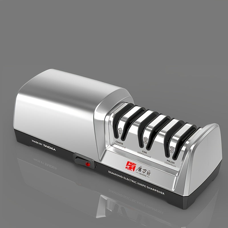 The GRINDER Professional Electric Knife Sharpener is equipped with a 3-Stage Diamond & Ceramic Sharpening System and Precision Angle Guide for use in both kitchens and restaurants. This plug-in sharpener features a fine grit for optimal results and is