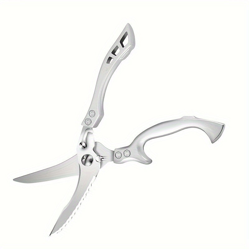 One piece of heavy-duty stainless steel kitchen scissors with automatic spring back for easily cutting through chicken bones. Features a durable aluminum handle for added strength. Perfect for various kitchen tasks and comes with kitchen utensils