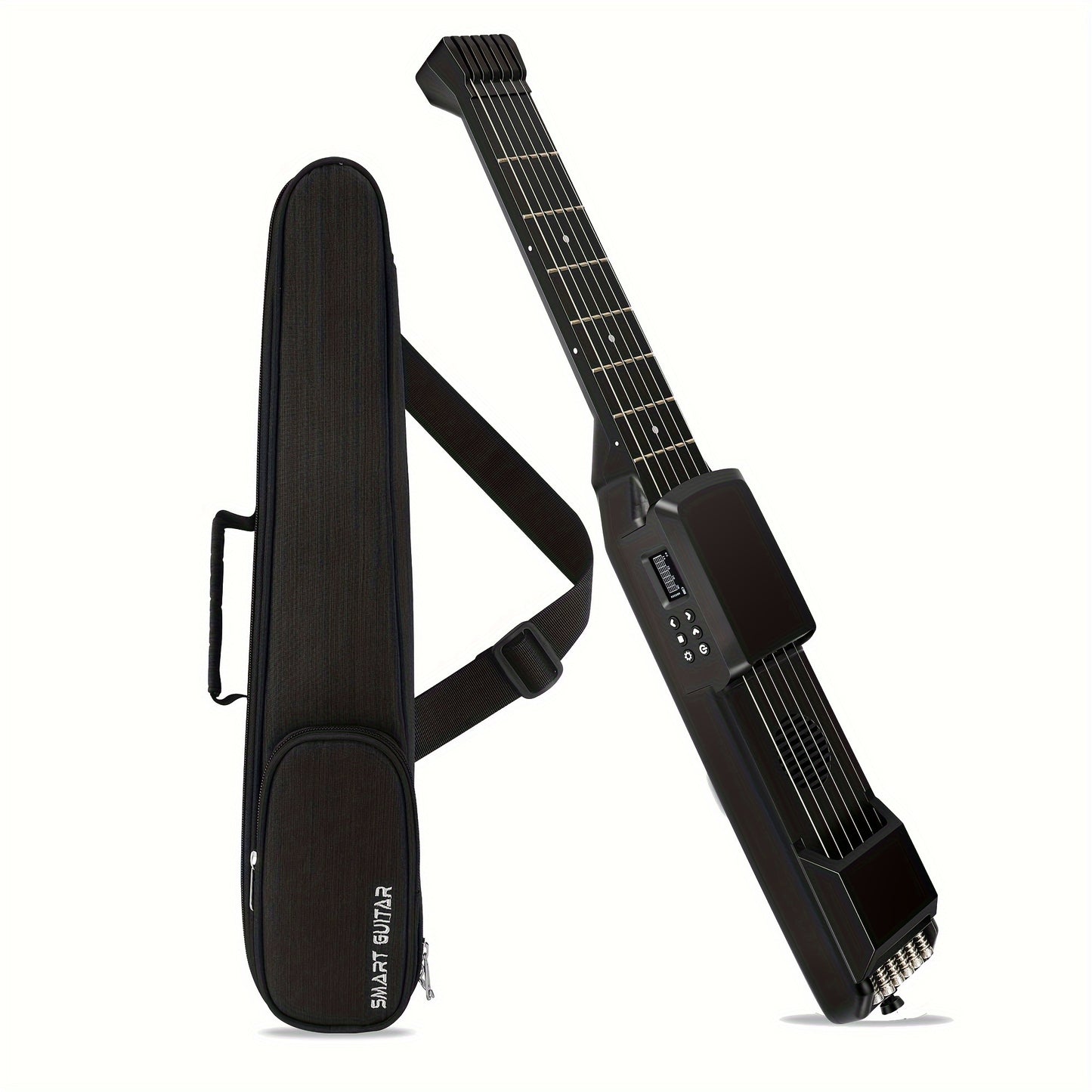 Portable USB Charging Smart Acoustic-Electric Guitar with AI LCD, includes strap and carrying case.