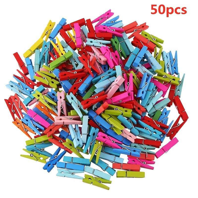 50 colorful wooden clips for DIY photo storage and crafts.