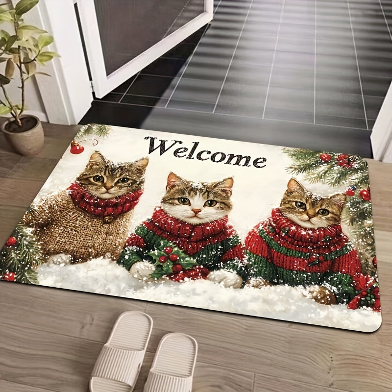 Welcome your guests with the festive 3 Cats Christmas Welcome Mat! This rectangular rug is 8mm thick and made of machine washable polyester with a PVC backing. Its durable construction allows it to be used indoors in doorways, kitchens, bathrooms, living